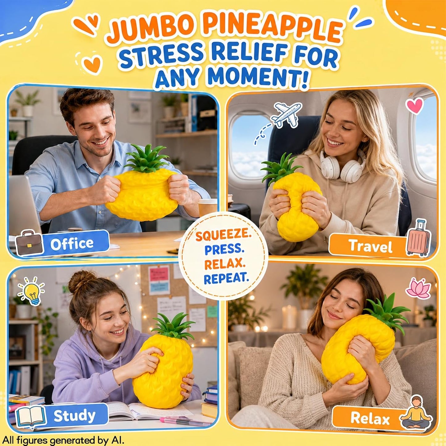 Jumbo Pineapple Squishy Toys,Squeeze Sensory Fidget Toys for Stress & Anxiety Relief,Cute Giant Fruit Stress Balls Squishies Toy,Birthday Gifts Party Favor for Adults Kids