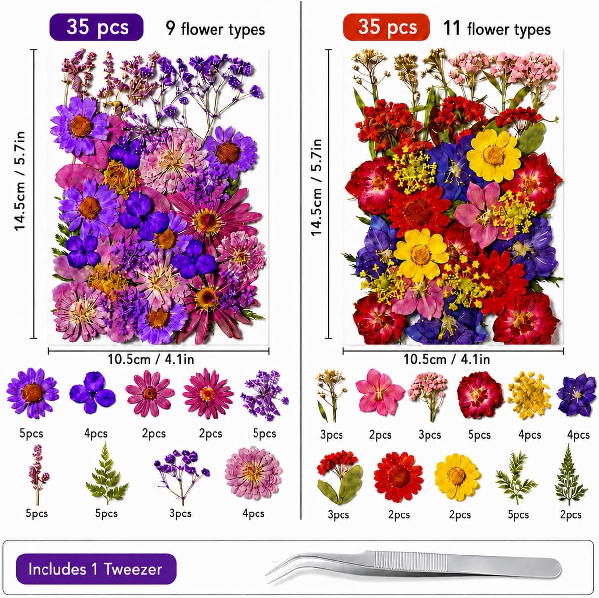 70 pcs Dried Flowers for Resin, Natural Flowers and Leaves Kit with Tweezers， Vacuum Sealed DIY Pressed Flowers for Jewelry Molds, Candle Soap Making, Scrapbook, Nail Art (Colorful-C)