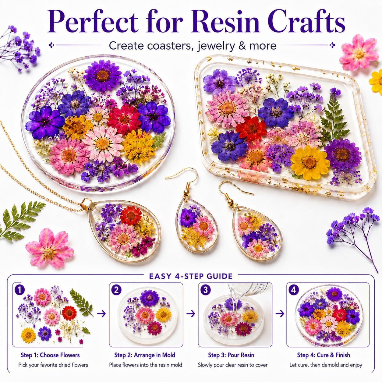 70 pcs Dried Flowers for Resin, Natural Flowers and Leaves Kit with Tweezers， Vacuum Sealed DIY Pressed Flowers for Jewelry Molds, Candle Soap Making, Scrapbook, Nail Art (Colorful-C)