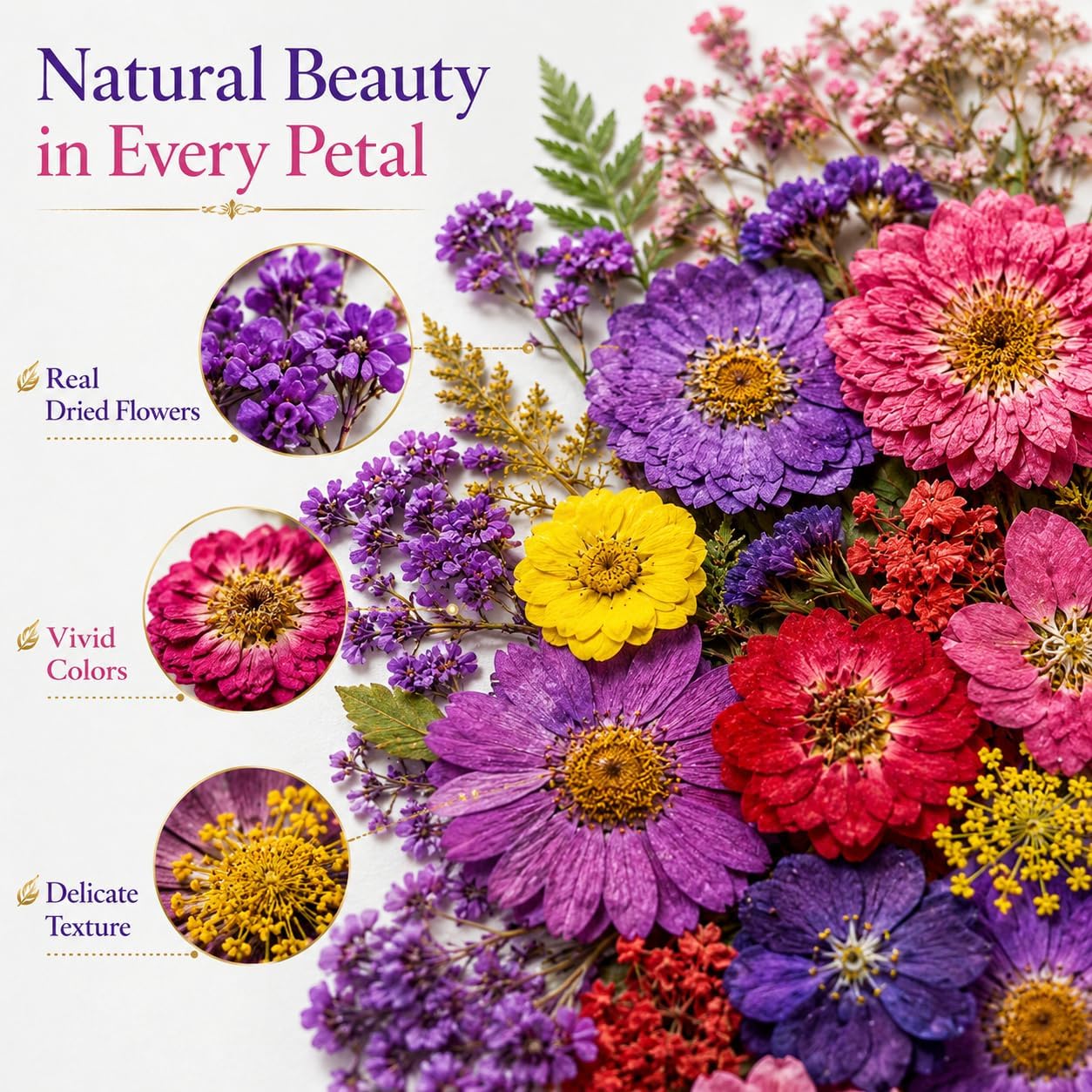 70 pcs Dried Flowers for Resin, Natural Flowers and Leaves Kit with Tweezers， Vacuum Sealed DIY Pressed Flowers for Jewelry Molds, Candle Soap Making, Scrapbook, Nail Art (Colorful-C)