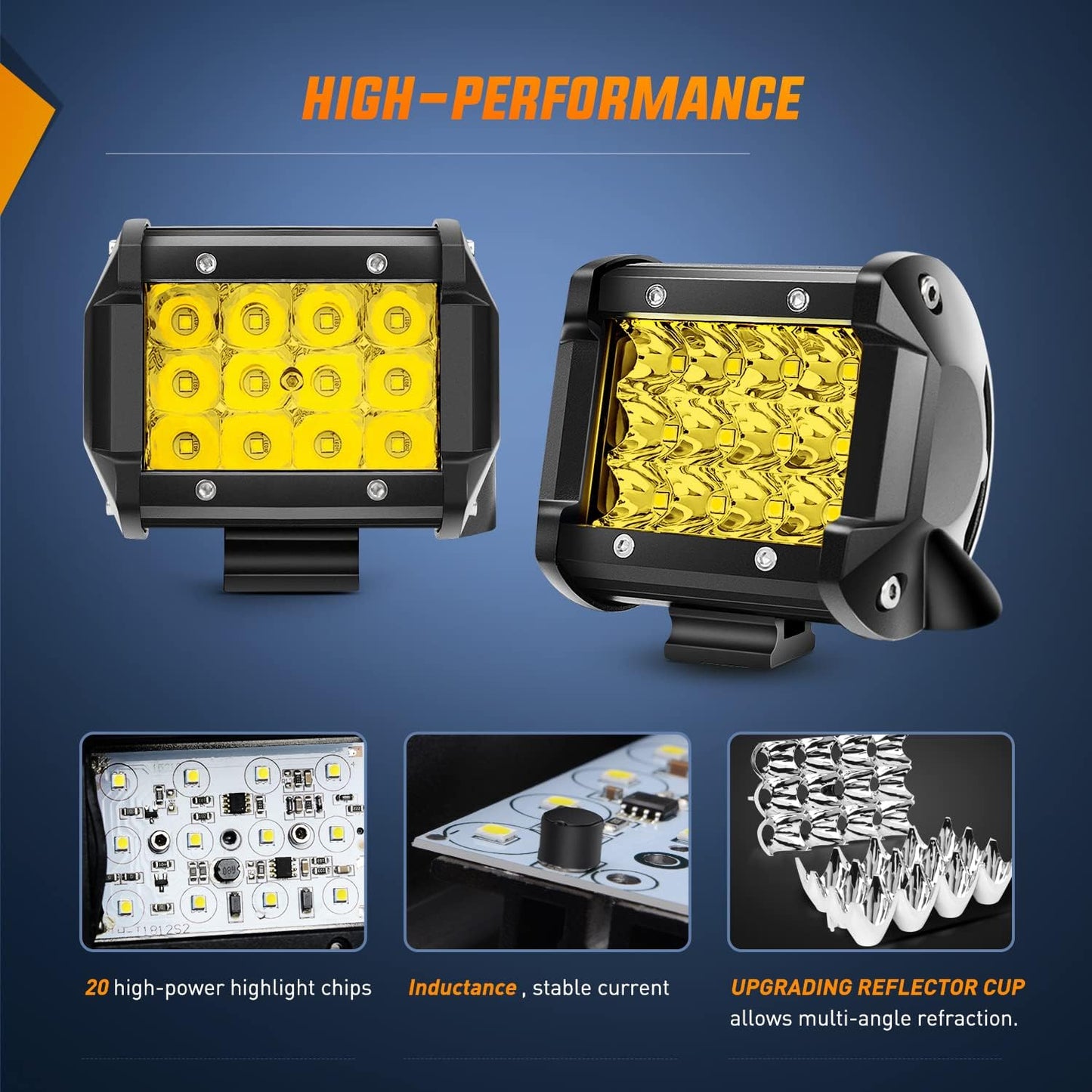 LED Light Bar 2Pcs 4 Inch 36W Yellow Flood Spot Combo Triple Row Driving Lamp Roof Bumper Off Road LED Work Lights Pods for Van Camper Wagon Car Pickup Golf Cart ATV UTV SUV Truck Boat 4x4