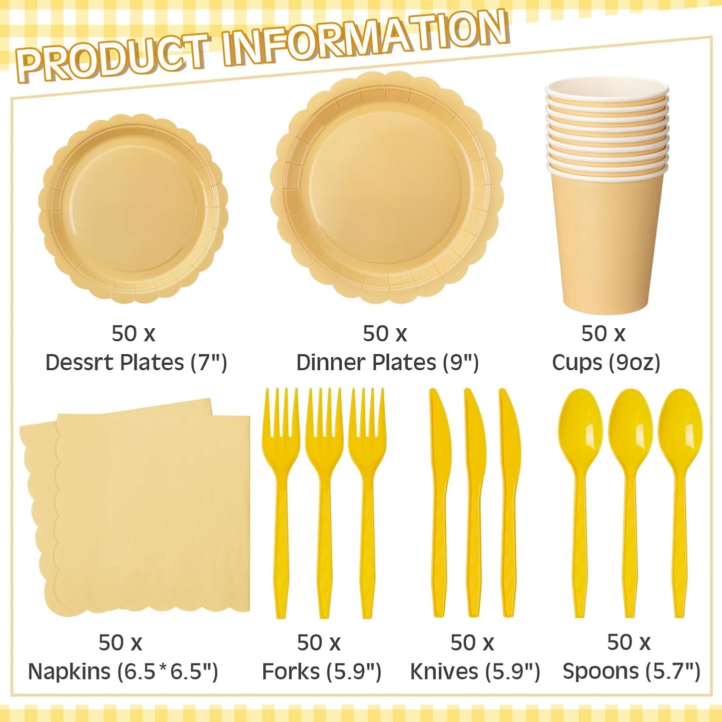 350 Pcs Light Yellow Plates and Napkins, 50 Guest Spring Easter Party Supplies Include Scalloped Paper Plates Napkins Cups Plastic Spoons Forks Knives Disposable Tableware Set for Baby Shower