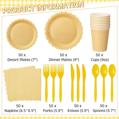 350 Pcs Light Yellow Plates and Napkins, 50 Guest Spring Easter Party Supplies Include Scalloped Paper Plates Napkins Cups Plastic Spoons Forks Knives Disposable Tableware Set for Baby Shower