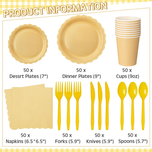 350 Pcs Light Yellow Plates and Napkins, 50 Guest Spring Easter Party Supplies Include Scalloped Paper Plates Napkins Cups Plastic Spoons Forks Knives Disposable Tableware Set for Baby Shower