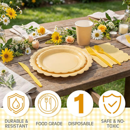 350 Pcs Light Yellow Plates and Napkins, 50 Guest Spring Easter Party Supplies Include Scalloped Paper Plates Napkins Cups Plastic Spoons Forks Knives Disposable Tableware Set for Baby Shower