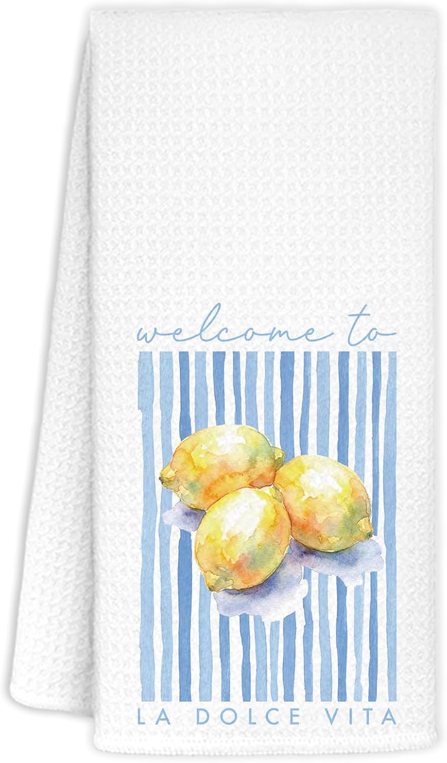 Italian Lemon Kitchen Towels, Mediterranean Kitchen Decor Hand Towels for Bathroom, Summer Amalfi Coast Lemon Blue Striped Decorative Dish Tea Towel, 16x24 Inch
