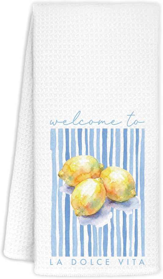 Italian Lemon Kitchen Towels, Mediterranean Kitchen Decor Hand Towels for Bathroom, Summer Amalfi Coast Lemon Blue Striped Decorative Dish Tea Towel, 16x24 Inch