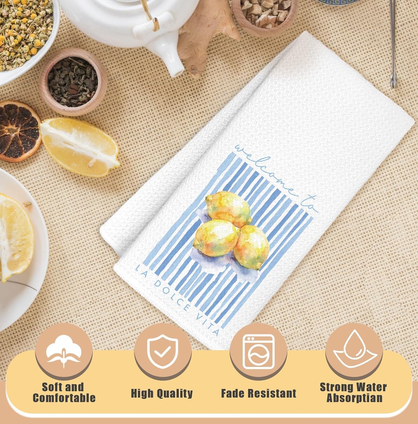 Italian Lemon Kitchen Towels, Mediterranean Kitchen Decor Hand Towels for Bathroom, Summer Amalfi Coast Lemon Blue Striped Decorative Dish Tea Towel, 16x24 Inch