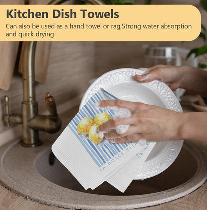 Italian Lemon Kitchen Towels, Mediterranean Kitchen Decor Hand Towels for Bathroom, Summer Amalfi Coast Lemon Blue Striped Decorative Dish Tea Towel, 16x24 Inch