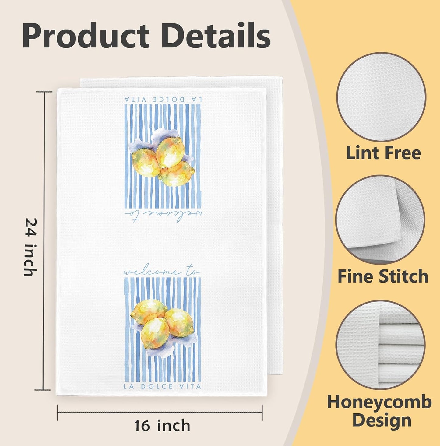 Italian Lemon Kitchen Towels, Mediterranean Kitchen Decor Hand Towels for Bathroom, Summer Amalfi Coast Lemon Blue Striped Decorative Dish Tea Towel, 16x24 Inch