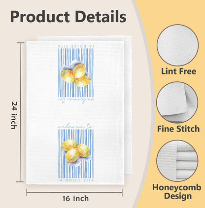 Italian Lemon Kitchen Towels, Mediterranean Kitchen Decor Hand Towels for Bathroom, Summer Amalfi Coast Lemon Blue Striped Decorative Dish Tea Towel, 16x24 Inch
