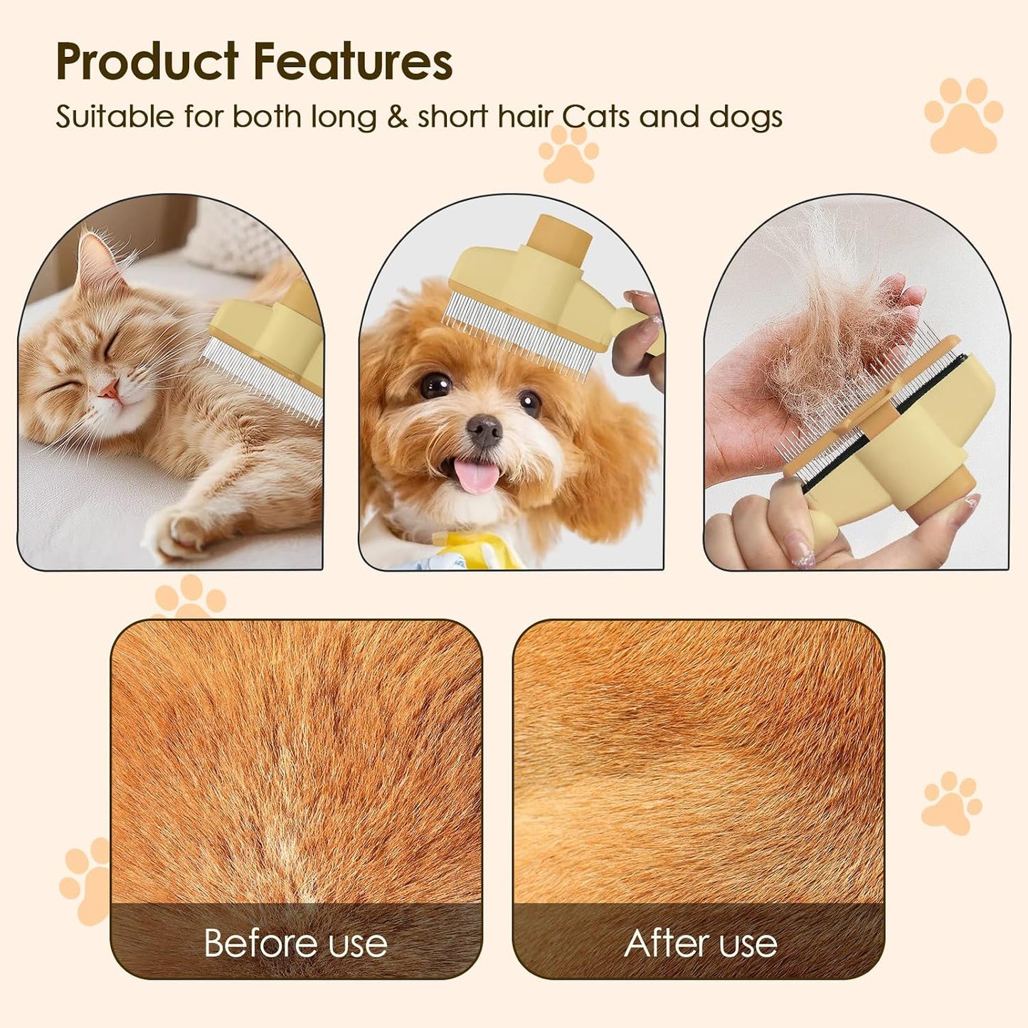 Flea Comb for Cats Dogs Brush for Shedding Self Cleaning Pet Comb Lice Comb Long & Short Stainless Steel Metal Grooming Brush(Yellow)