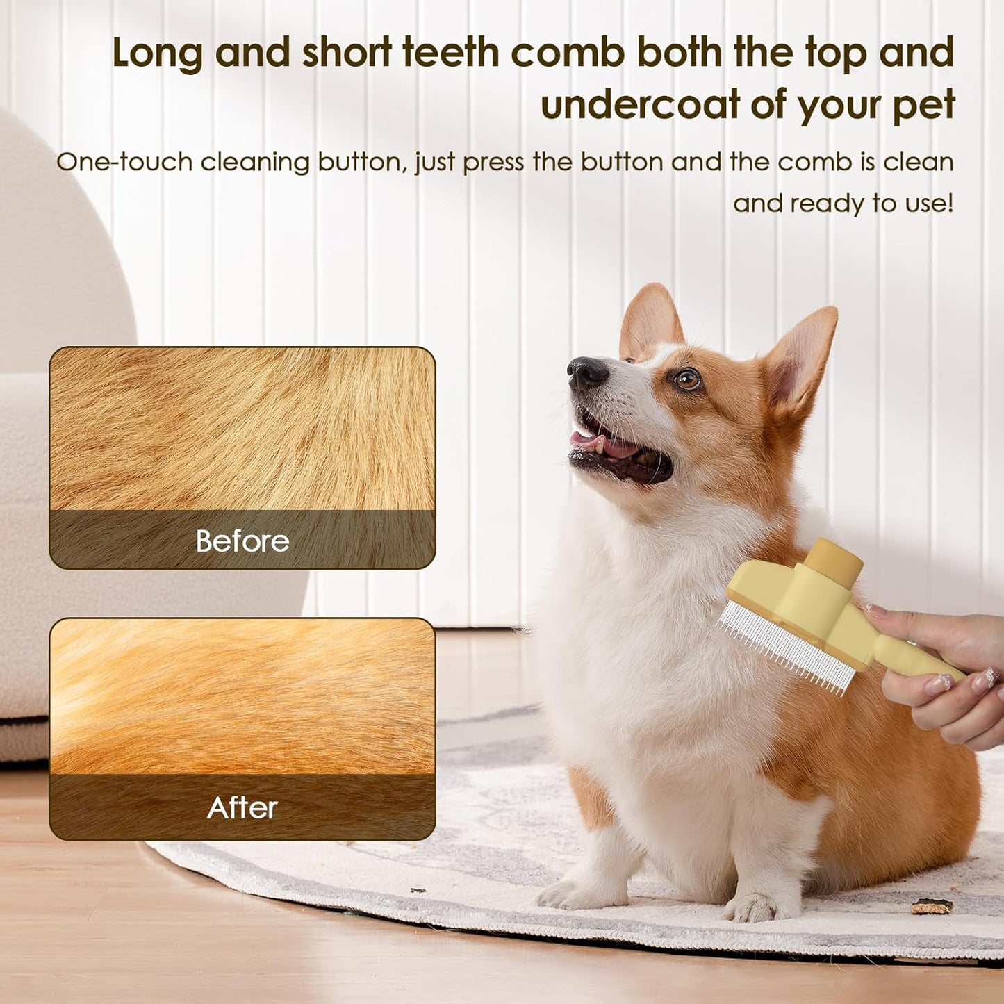 Flea Comb for Cats Dogs Brush for Shedding Self Cleaning Pet Comb Lice Comb Long & Short Stainless Steel Metal Grooming Brush(Yellow)