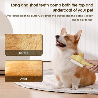 Flea Comb for Cats Dogs Brush for Shedding Self Cleaning Pet Comb Lice Comb Long & Short Stainless Steel Metal Grooming Brush(Yellow)