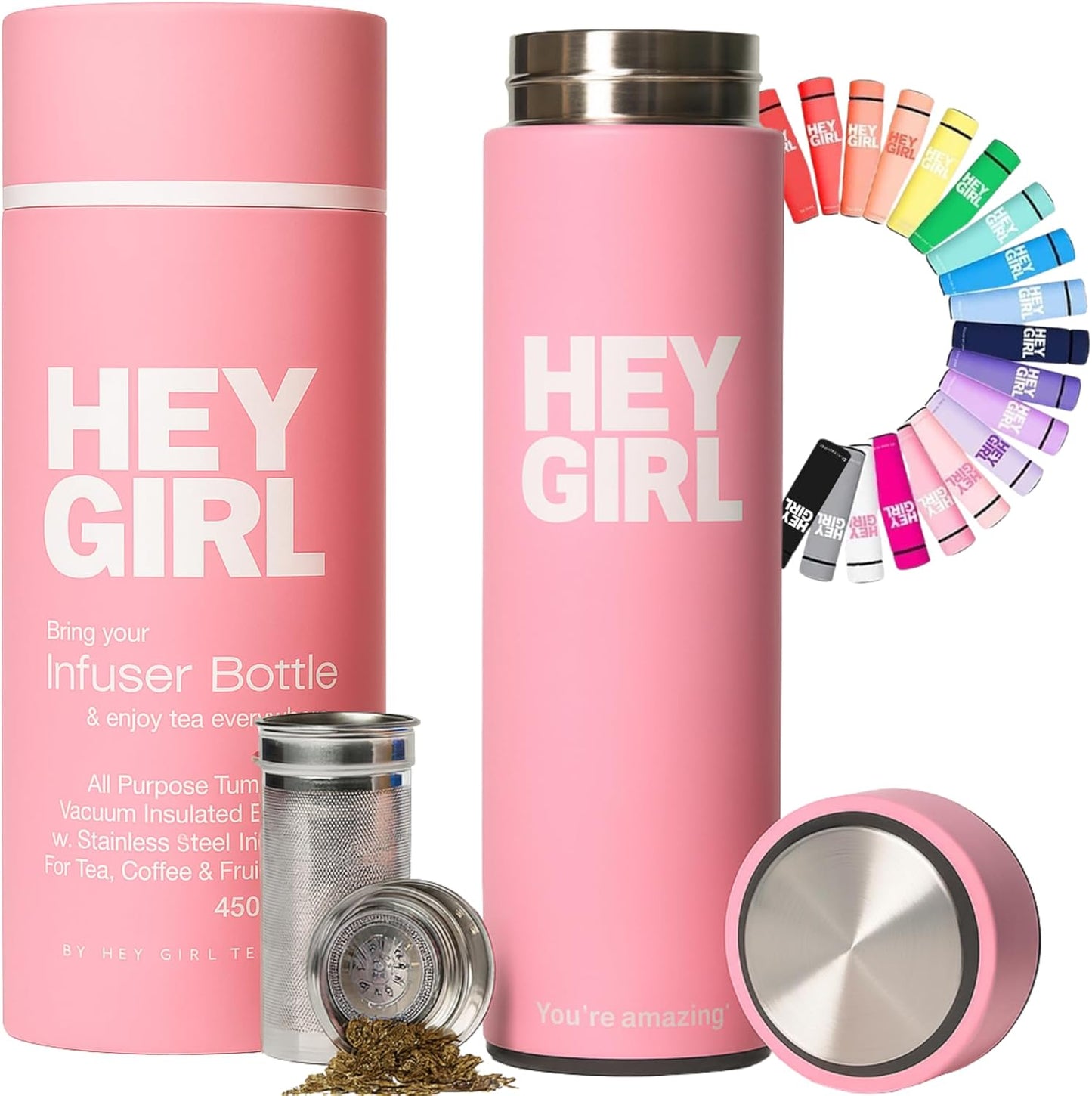 Infuser Bottle 450ml - Insulated Stainless Steel Water Bottle - Tea Tumbler with Tea Diffuser - Portable Travel Mug for Loose Leaf Tea & Infused Water - Tea Lovers Gifts for Women (Pink)