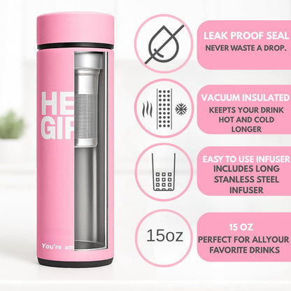 Infuser Bottle 450ml - Insulated Stainless Steel Water Bottle - Tea Tumbler with Tea Diffuser - Portable Travel Mug for Loose Leaf Tea & Infused Water - Tea Lovers Gifts for Women (Pink)