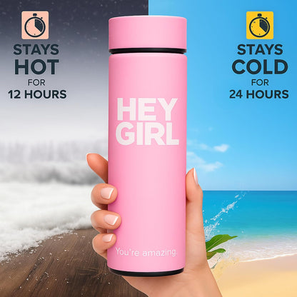 Infuser Bottle 450ml - Insulated Stainless Steel Water Bottle - Tea Tumbler with Tea Diffuser - Portable Travel Mug for Loose Leaf Tea & Infused Water - Tea Lovers Gifts for Women (Pink)