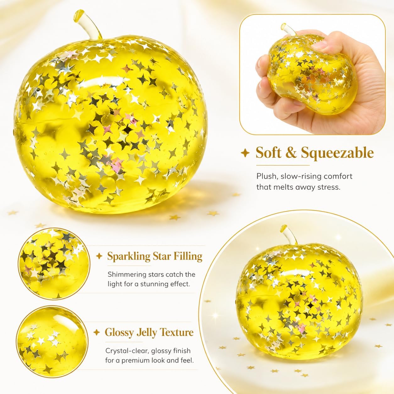 Apple Squishy, Squishy Apple with Glitter Star Pattern and Slow-Return Texture for Desk Display and Fruit-Themed Collectibles, in Yellow