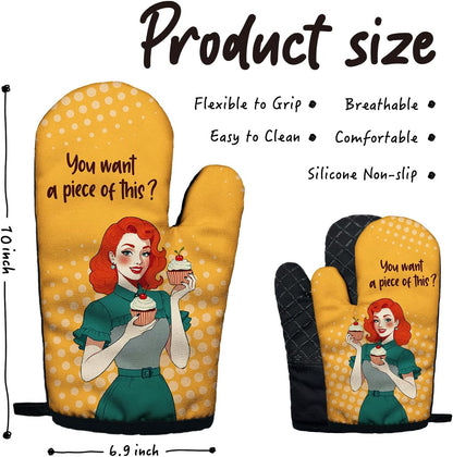 You Want a Piece of This Funny Yellow Oven Mitts with Hanging Loop and Silicone Non-Slip, Women Bakers Baking Kitchen Utensils 2-Piece Set, Gifts for Bake Lover Hostess Mom Wife BFF