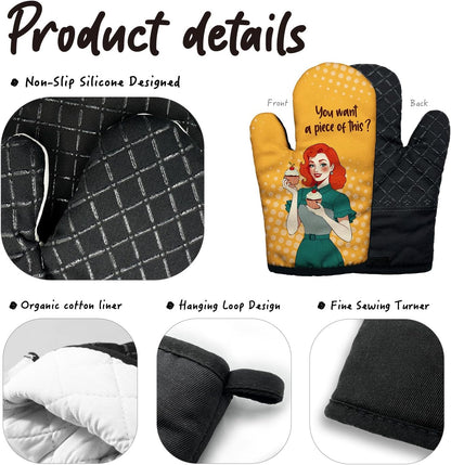You Want a Piece of This Funny Yellow Oven Mitts with Hanging Loop and Silicone Non-Slip, Women Bakers Baking Kitchen Utensils 2-Piece Set, Gifts for Bake Lover Hostess Mom Wife BFF