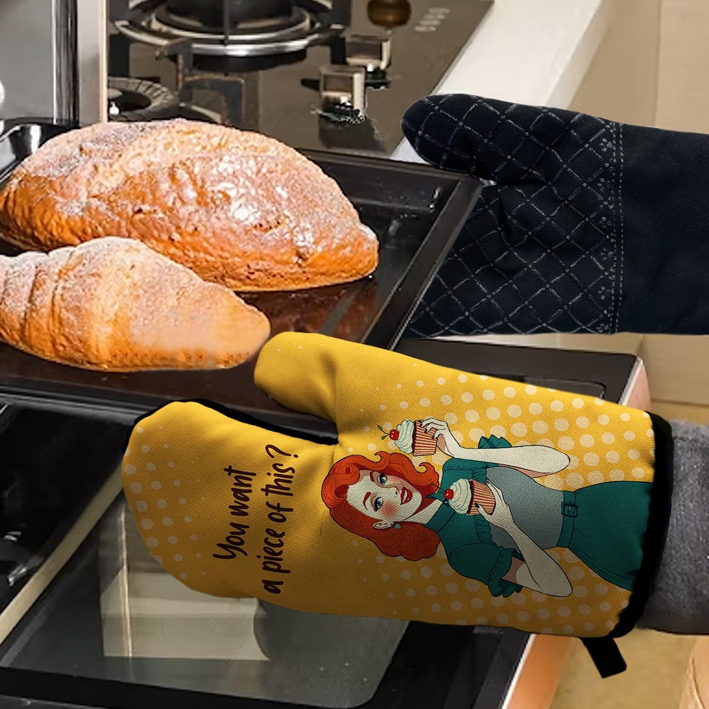 You Want a Piece of This Funny Yellow Oven Mitts with Hanging Loop and Silicone Non-Slip, Women Bakers Baking Kitchen Utensils 2-Piece Set, Gifts for Bake Lover Hostess Mom Wife BFF
