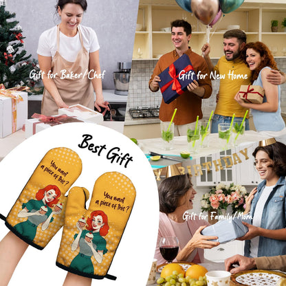 You Want a Piece of This Funny Yellow Oven Mitts with Hanging Loop and Silicone Non-Slip, Women Bakers Baking Kitchen Utensils 2-Piece Set, Gifts for Bake Lover Hostess Mom Wife BFF