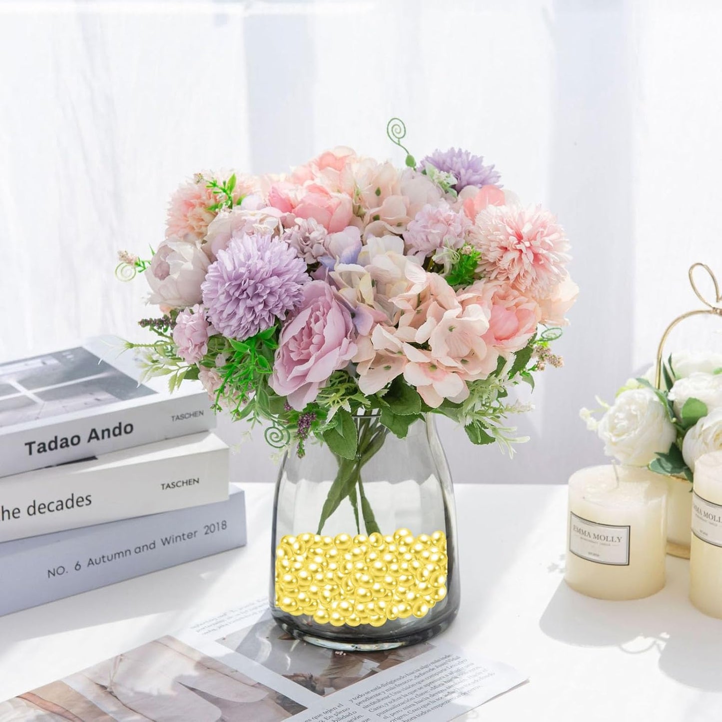 1100PCS Lemon Yellow Pearls Beads for Centerpieces Vases, 8mm Makeup No Hole Beads to Hold Lipstick Eyeliner, Vase Filler Pearl for Table Wedding Party Decor