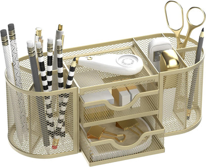 Mesh Desk Organizer, Desk Organizers and Accessories, Pen Holder with Drawers, Pencil Holder for Desk with 2 Drawer for Office Supplies, Golden yellow