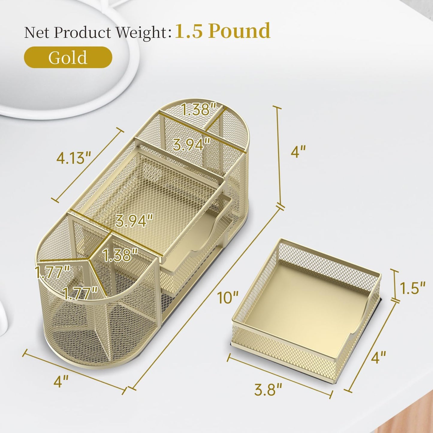 Mesh Desk Organizer, Desk Organizers and Accessories, Pen Holder with Drawers, Pencil Holder for Desk with 2 Drawer for Office Supplies, Golden yellow