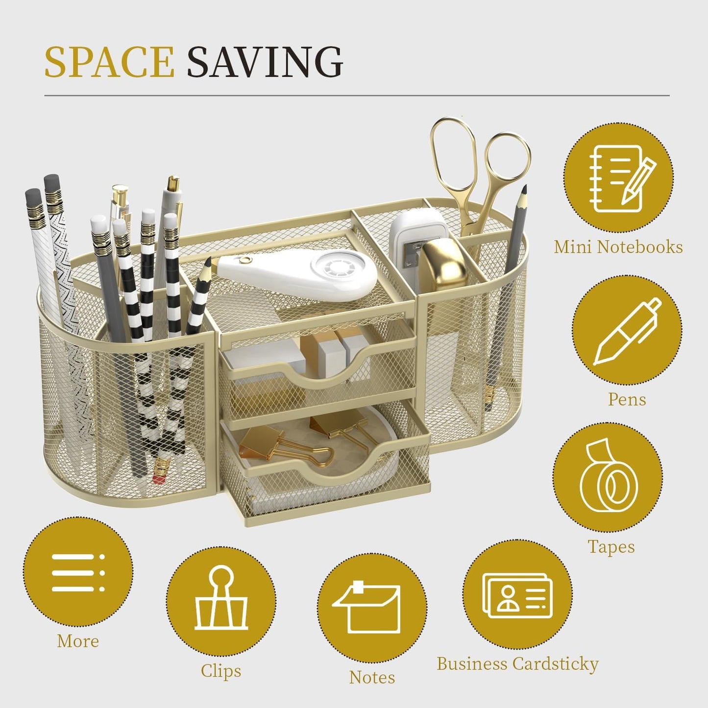 Mesh Desk Organizer, Desk Organizers and Accessories, Pen Holder with Drawers, Pencil Holder for Desk with 2 Drawer for Office Supplies, Golden yellow