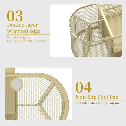 Mesh Desk Organizer, Desk Organizers and Accessories, Pen Holder with Drawers, Pencil Holder for Desk with 2 Drawer for Office Supplies, Golden yellow