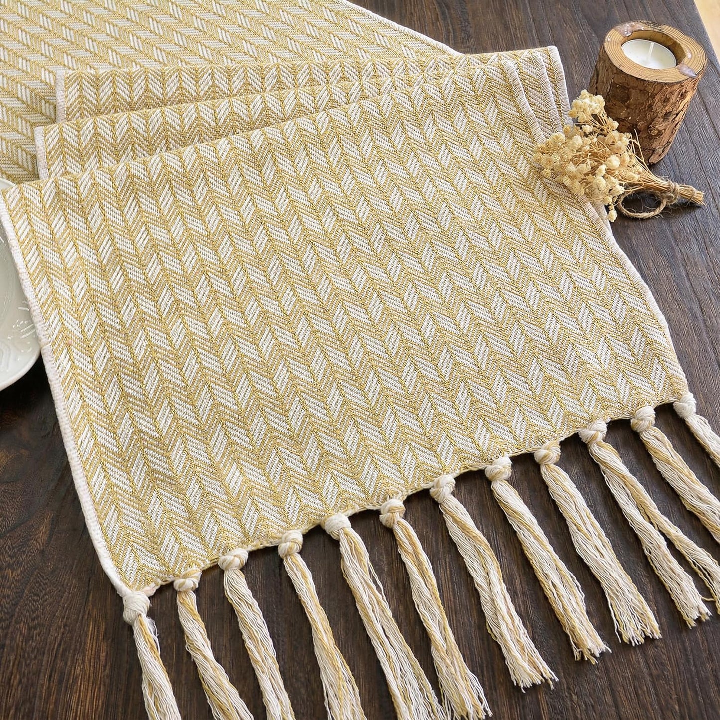 Boho Table Runner with Tassels 72 Inch, Woven Farmhouse Table Runner, Easter Table Decor for Dining Table, Sunny Spring Living Room Entryway Decoration, Mustard Yellow (13x72 Inch)