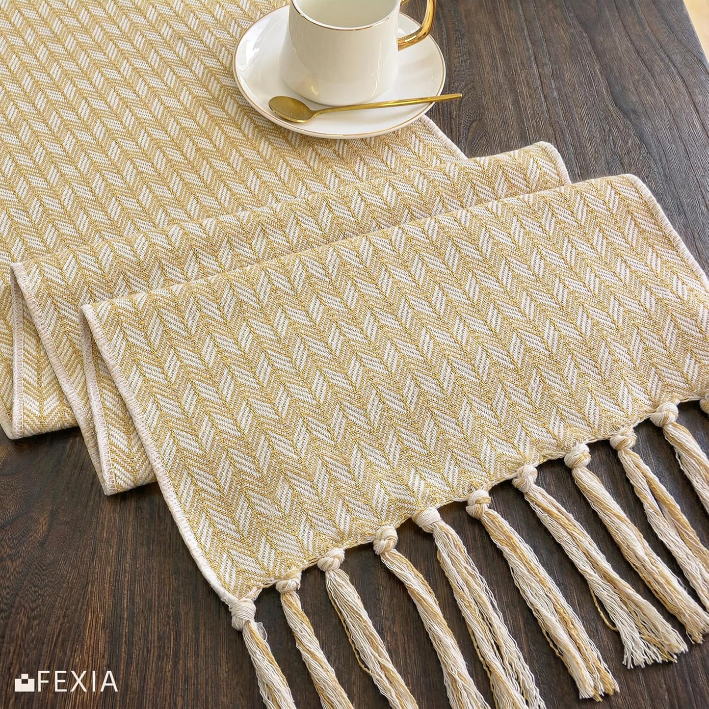 Boho Table Runner with Tassels 72 Inch, Woven Farmhouse Table Runner, Easter Table Decor for Dining Table, Sunny Spring Living Room Entryway Decoration, Mustard Yellow (13x72 Inch)