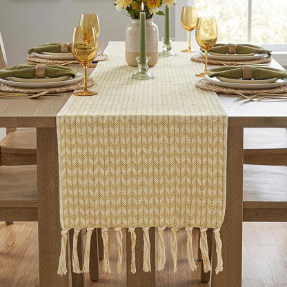Boho Table Runner with Tassels 72 Inch, Woven Farmhouse Table Runner, Easter Table Decor for Dining Table, Sunny Spring Living Room Entryway Decoration, Mustard Yellow (13x72 Inch)