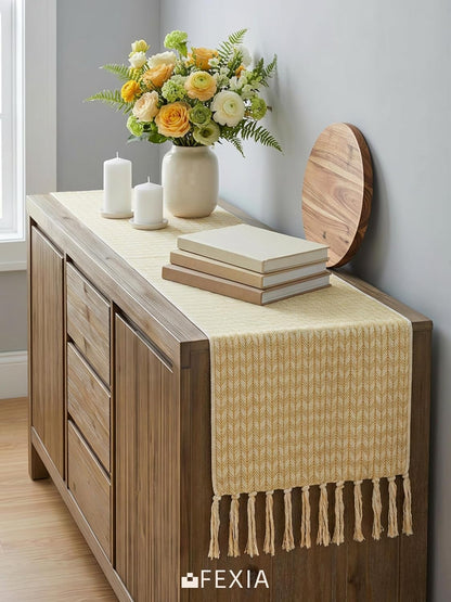 Boho Table Runner with Tassels 72 Inch, Woven Farmhouse Table Runner, Easter Table Decor for Dining Table, Sunny Spring Living Room Entryway Decoration, Mustard Yellow (13x72 Inch)