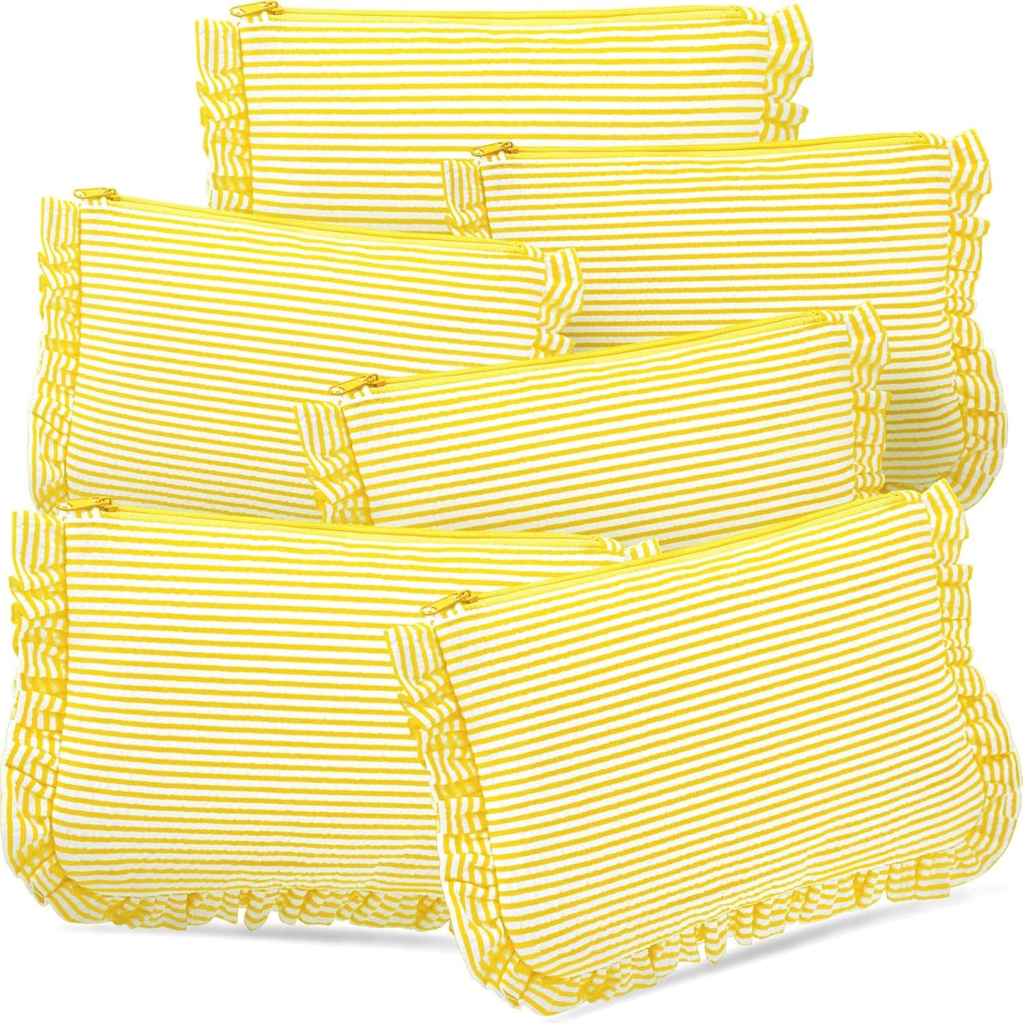 6 Pcs Seersucker Cosmetic Bag Bulk Striped Ruffle Makeup Bag with Zipper for Women Large Travel Toiletry Organizer Preppy Storage Pouch for Wedding Embroidery Bridesmaid Gift (Yellow)