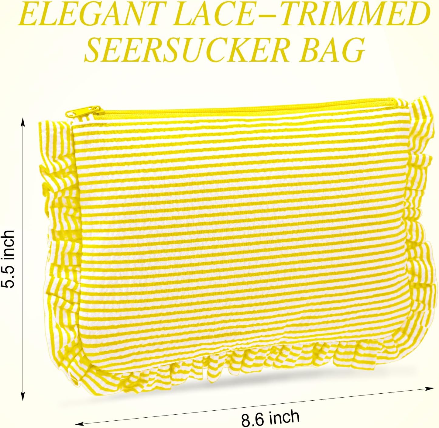 6 Pcs Seersucker Cosmetic Bag Bulk Striped Ruffle Makeup Bag with Zipper for Women Large Travel Toiletry Organizer Preppy Storage Pouch for Wedding Embroidery Bridesmaid Gift (Yellow)
