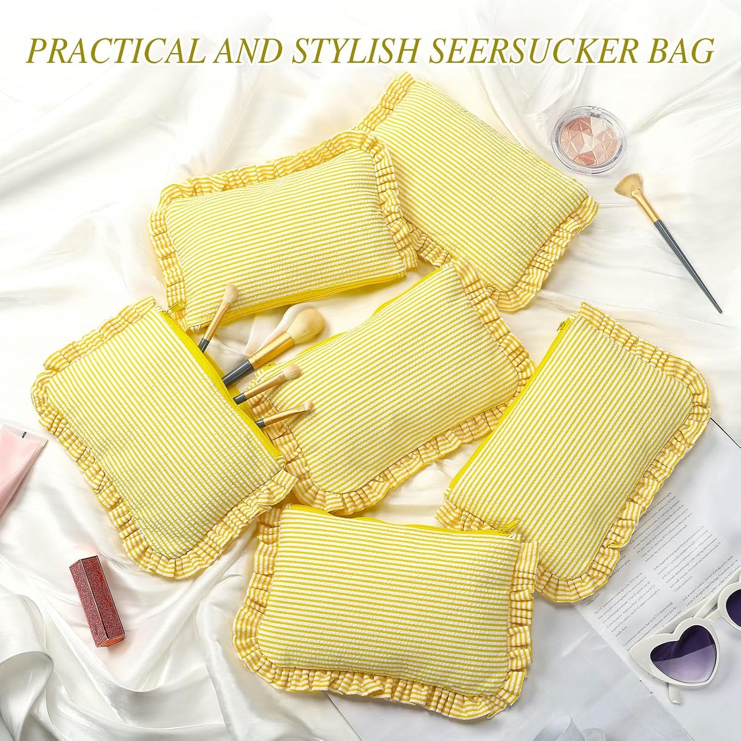 6 Pcs Seersucker Cosmetic Bag Bulk Striped Ruffle Makeup Bag with Zipper for Women Large Travel Toiletry Organizer Preppy Storage Pouch for Wedding Embroidery Bridesmaid Gift (Yellow)