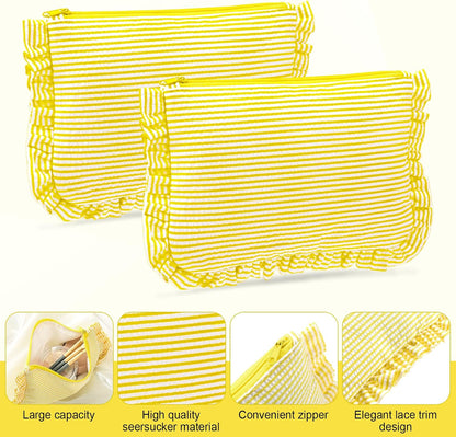 6 Pcs Seersucker Cosmetic Bag Bulk Striped Ruffle Makeup Bag with Zipper for Women Large Travel Toiletry Organizer Preppy Storage Pouch for Wedding Embroidery Bridesmaid Gift (Yellow)