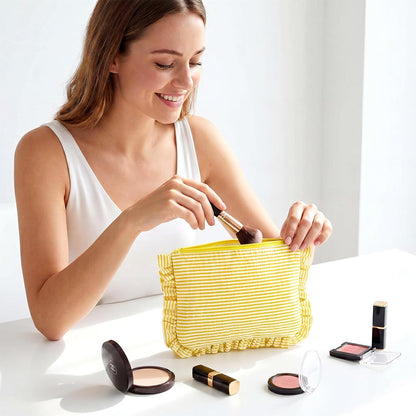 6 Pcs Seersucker Cosmetic Bag Bulk Striped Ruffle Makeup Bag with Zipper for Women Large Travel Toiletry Organizer Preppy Storage Pouch for Wedding Embroidery Bridesmaid Gift (Yellow)