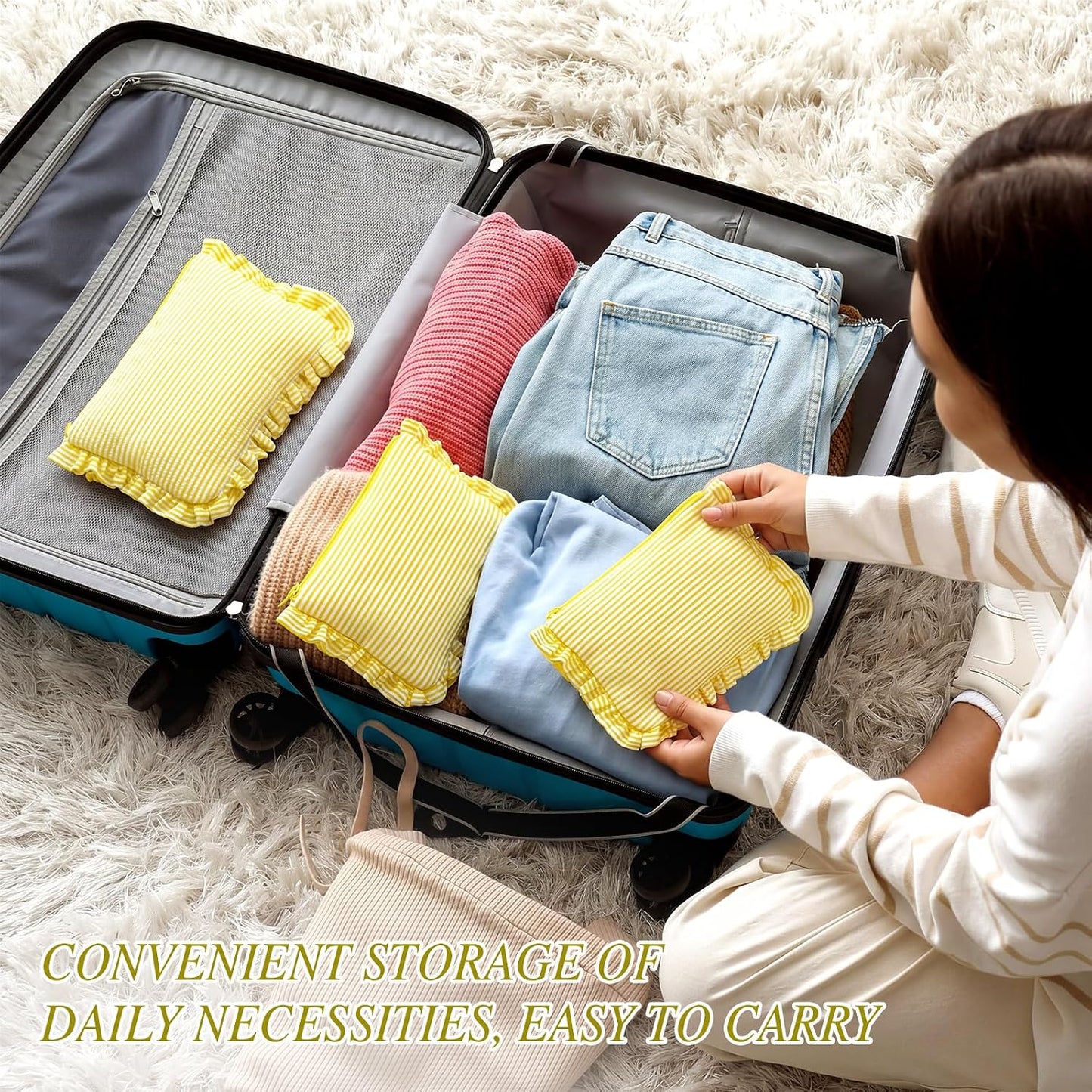 6 Pcs Seersucker Cosmetic Bag Bulk Striped Ruffle Makeup Bag with Zipper for Women Large Travel Toiletry Organizer Preppy Storage Pouch for Wedding Embroidery Bridesmaid Gift (Yellow)