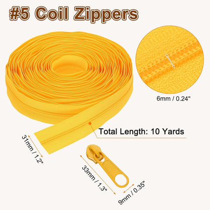 #5 Nylon Coil Zippers 10 Yards 1.2" Sewing Zippers Tapes Roll with 20 Replacement Zip Sliders for DIY Sewing Tailor Craft Supplies Bag Clothes, Yellow