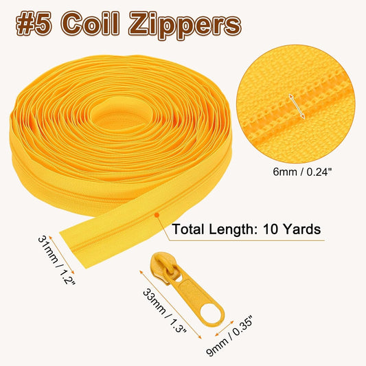 #5 Nylon Coil Zippers 10 Yards 1.2" Sewing Zippers Tapes Roll with 20 Replacement Zip Sliders for DIY Sewing Tailor Craft Supplies Bag Clothes, Yellow