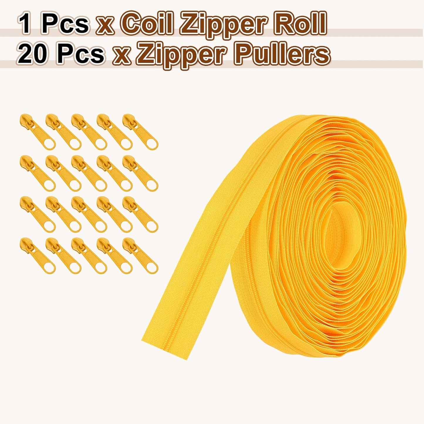 #5 Nylon Coil Zippers 10 Yards 1.2" Sewing Zippers Tapes Roll with 20 Replacement Zip Sliders for DIY Sewing Tailor Craft Supplies Bag Clothes, Yellow