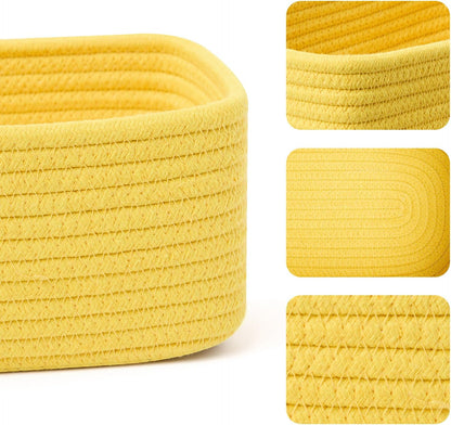 MiniArk Small Storage Baskets for Organizing | Closet Organizer Bins | Shelf Toy Basket | Woven Rope Baskets | Cube Decorative Box | Shallow Basket | 11.5x7.5x4.7” | 3 Packs Yellow