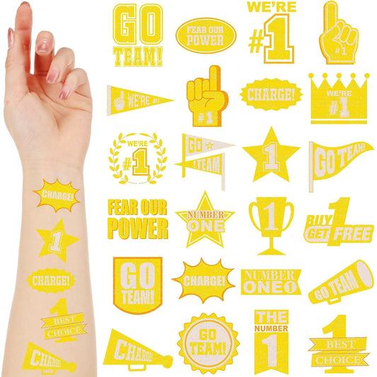 240 Pcs Yellow Team Spirit Tattoos Temporary Glitter Go Team Tattoos School Field Day Camp Spirit Day Accessories Football Cheer Stickers for Pep Rally Supplies Color Accessories