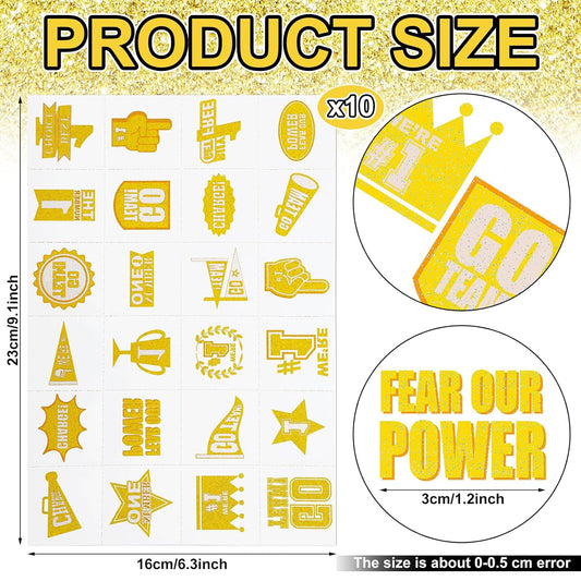 240 Pcs Yellow Team Spirit Tattoos Temporary Glitter Go Team Tattoos School Field Day Camp Spirit Day Accessories Football Cheer Stickers for Pep Rally Supplies Color Accessories