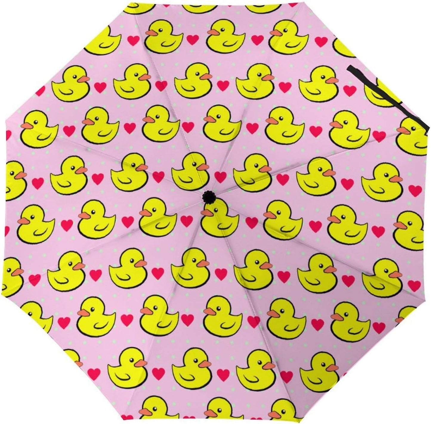 Pink Heart Polka Dots Yellow Rubber Ducks Compact Umbrella Sturdy Windproof Lightweight Umbrelllas for Sun, Rain & Travel