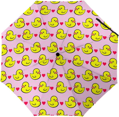 Pink Heart Polka Dots Yellow Rubber Ducks Compact Umbrella Sturdy Windproof Lightweight Umbrelllas for Sun, Rain & Travel