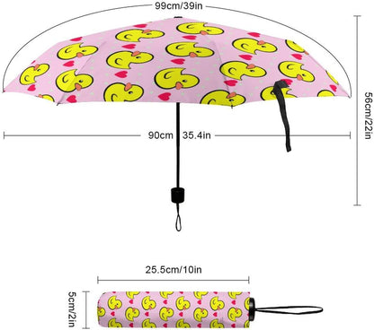 Pink Heart Polka Dots Yellow Rubber Ducks Compact Umbrella Sturdy Windproof Lightweight Umbrelllas for Sun, Rain & Travel